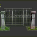 Wrought Iron Garden Gate Furniture With Stone Pillars Spiked Decorations And Grass