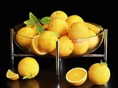 Fresh Oranges in Glass Bowl with Slices and Green Leaves on Black Surface 3d model