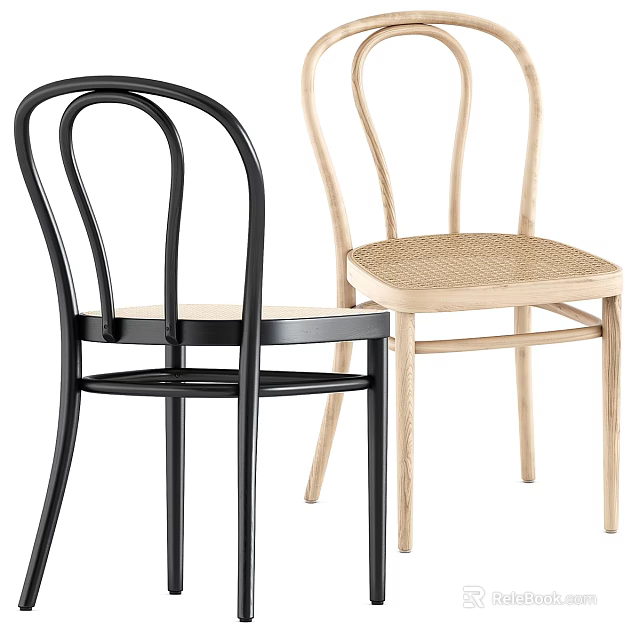 Modern Leisure Chairs With Black And Light Wood Curved Backrest And Wicker Seat 3d model 