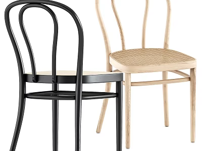 Modern Leisure Chairs With Black And Light Wood Curved Backrest And Wicker Seat 3d model