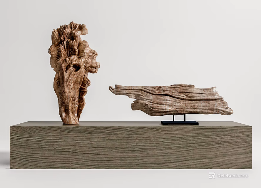 Natural Wooden Sculptures With Tree Stump And Wave Shaped Design On Wood Base 3d model 