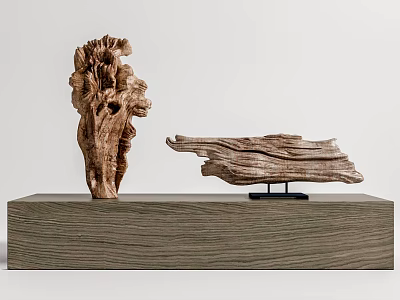 Natural Wooden Sculptures With Tree Stump And Wave Shaped Design On Wood Base 3d model