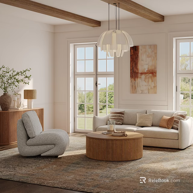 Modern Beige Upholstered Sofa And Fluted Wood Coffee Table Set For Bright Sunlit Living Room 3d model 