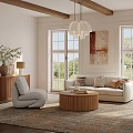 Modern Beige Upholstered Sofa And Fluted Wood Coffee Table Set For Bright Sunlit Living Room