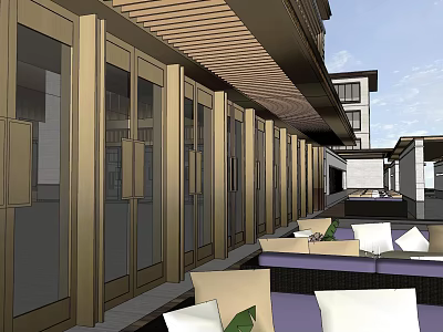 Modern Sales Office Building With Glass Facade And Outdoor Seating Area 3d model
