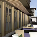 Modern Sales Office Building With Glass Facade And Outdoor Seating Area