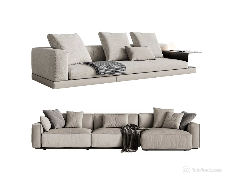 Modern Light Gray Three Seater Sofa Interior With Plush Cushions And Cozy Throw Blanket 3d model 