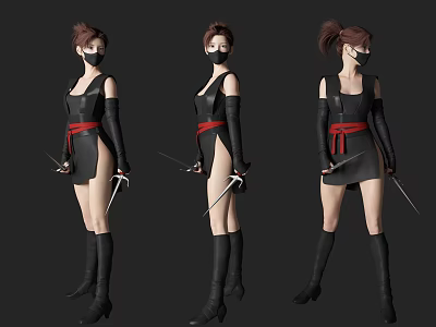 Woman in Black Outfit with Red Belt Holding Daggers from Three Angles on Gray Background 3d model