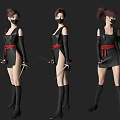 Woman in Black Outfit with Red Belt Holding Daggers from Three Angles on Gray Background