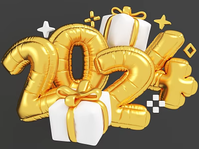 2024 Festive Household Items with Gold Balloons Gift Boxes Stars and Geometric Shapes 3d model