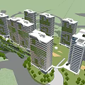 Modern High Rise Residential Buildings with Surrounding Greenery Water Area and Roads