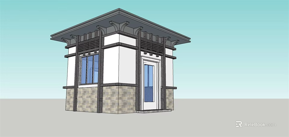 Modern Small Guard House with White Walls Stone Base and Eaves Roof 3d model 