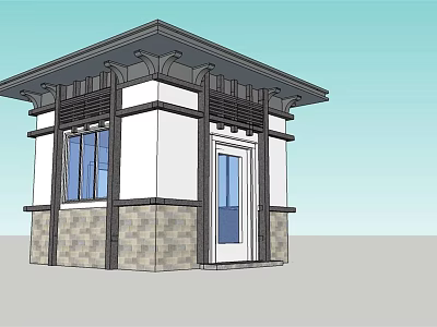 Modern Small Guard House with White Walls Stone Base and Eaves Roof 3d model