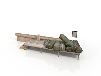 Modern Scene With Bench Green Backpacks Tablet And Wooden Crate 3d model
