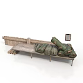 Modern Scene With Bench Green Backpacks Tablet And Wooden Crate