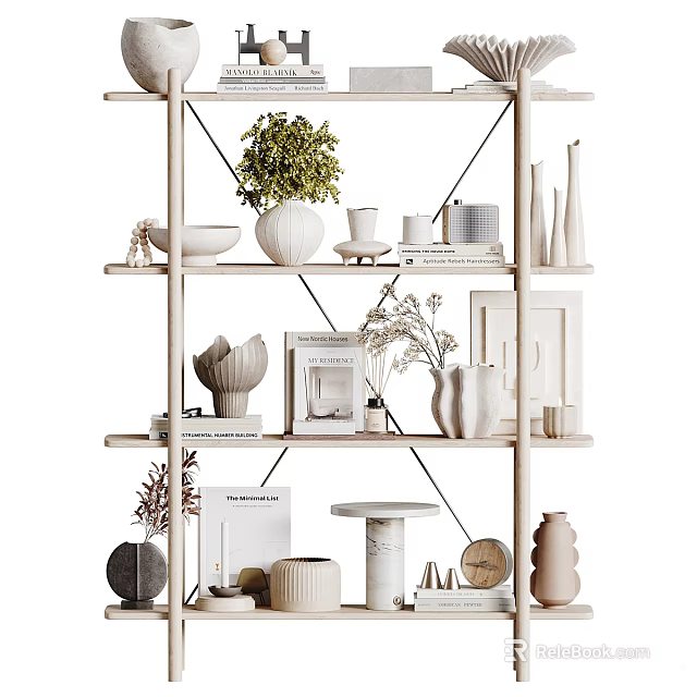 Minimalist Decorative Ornament Combination on White Layered Shelf with Green Plant Vases Frames Books Sculptures 3d model 