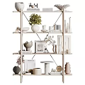 Minimalist Decorative Ornament Combination on White Layered Shelf with Green Plant Vases Frames Books Sculptures
