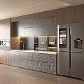 Modern Kitchen Sideboard Interior Design With Wooden Cabinets Stainless Steel Refrigerator And Glass Doors