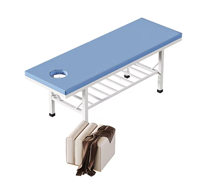 Blue Padded Treatment Table With Central Hole And Metal Frame Near Sofa 3d model