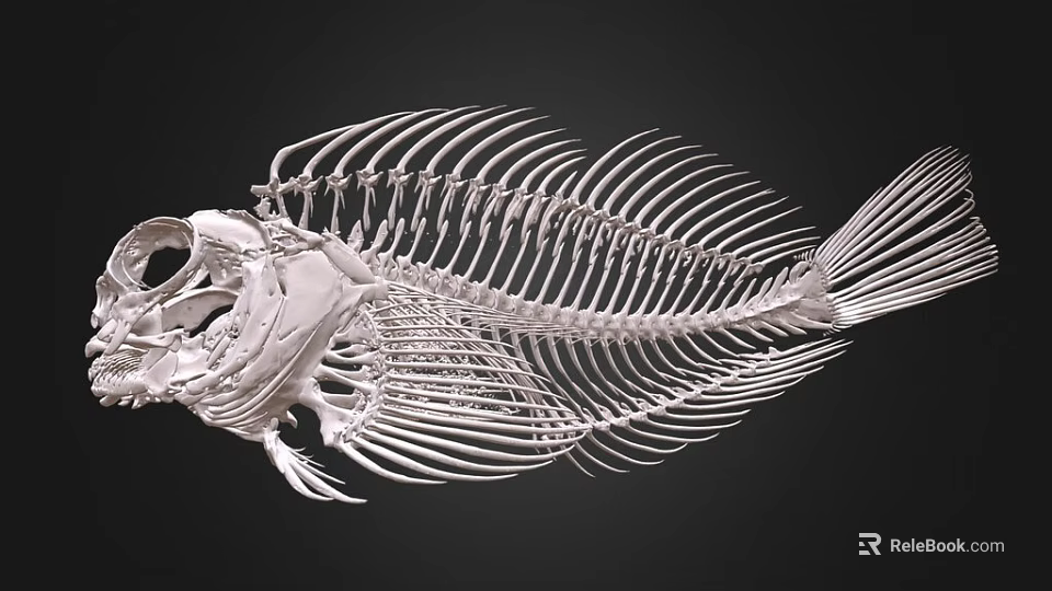 Detailed Fish Skeleton Anatomical Structure With White Bones Against Black Background 3d model 