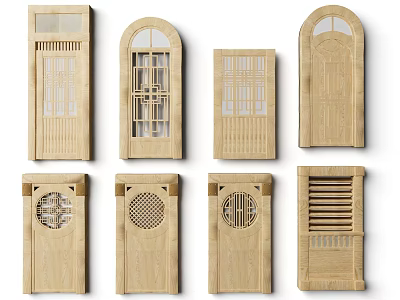 Wooden Swing Doors With Various Designs Featuring Arched Lattice And Circular Window Patterns 3d model