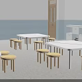 Spacious Classroom Interior With White Tables Yellow Stools Blue Storage Cabinets Windows And Ceiling Design 3d model