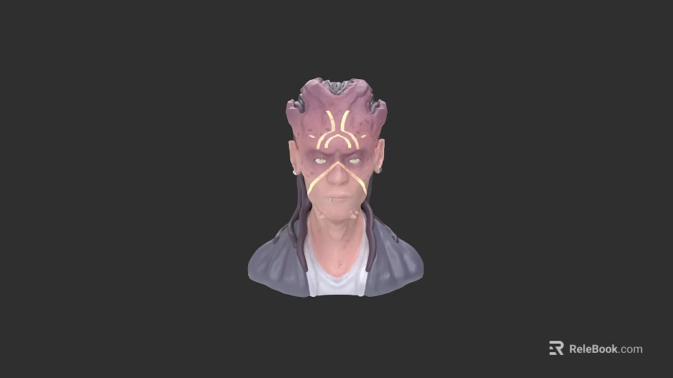 3D Alien Creature Bust With Gray Jacket Unique Head And Glowing Facial Lines 3d model 