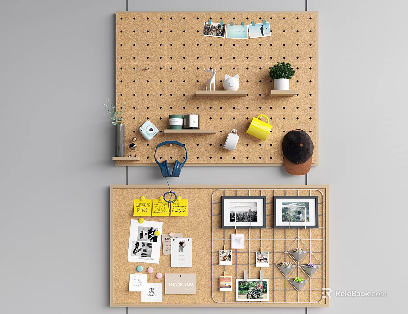 Corkboard Wall Decor with Photos Shelves Green Plants and Small Items 3d model 