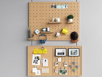 Corkboard Wall Decor with Photos Shelves Green Plants and Small Items 3d model