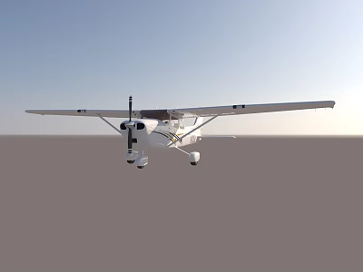 Small White Light Aircraft Flying In Clear Sky With Extended Wings And Propeller 3d model