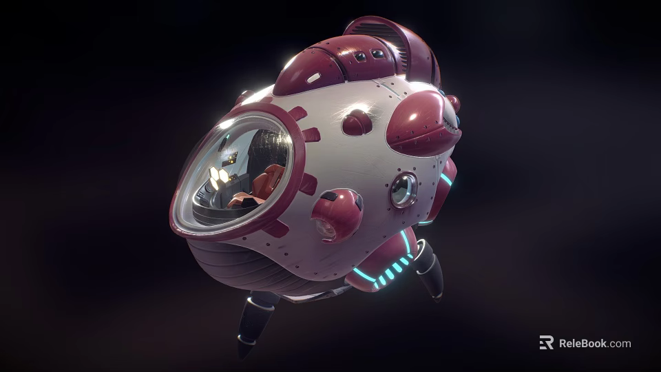 3D Rendered Rounded Dome Red White Spaceship With Transparent Cockpit Pilot Seat Blue Glowing Thrusters 3d model 