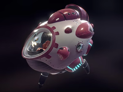 3D Rendered Rounded Dome Red White Spaceship With Transparent Cockpit Pilot Seat Blue Glowing Thrusters 3d model