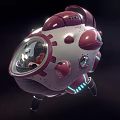 3D Rendered Rounded Dome Red White Spaceship With Transparent Cockpit Pilot Seat Blue Glowing Thrusters