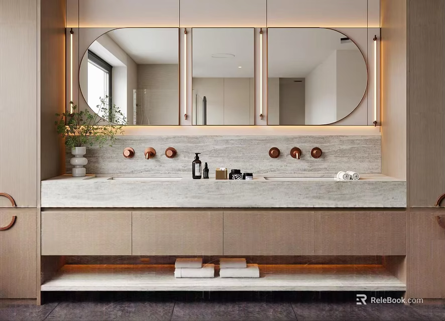 Elegant Warm Toned Bathroom Interior With Double Sink Marble Vanity And Backlit Mirror Storage Cabinets 3d model 