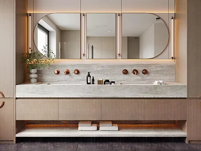Elegant Warm Toned Bathroom Interior With Double Sink Marble Vanity And Backlit Mirror Storage Cabinets 3d model