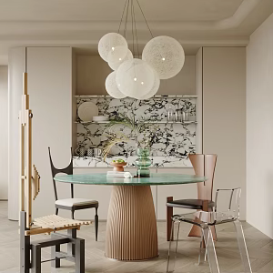Quiet Restaurant Cream Ancient Restaurant Round Dining Table Art Dining Chair Fabric Chandelier Sideboard Decoration 3d model