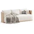 Modern Three Seater Sofa With Wooden Armrests Cozy Cushions Blanket And Color Options