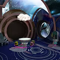 Futuristic Sci Fi Interior With Blue Light Beam Circular Structure And Planet Decorations
