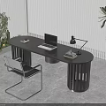 Modern Minimalist Black Oval Office Desk With Comfortable Chair Laptop And Lamp For Home Workspace