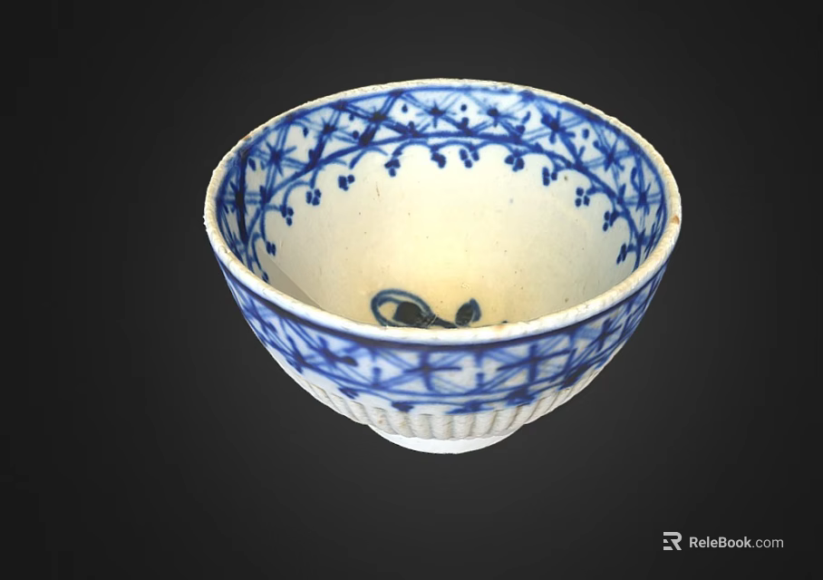 Blue and White Ceramic Bowl With Intricate Floral Patterns And Rim Design 3d model 