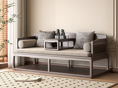 Traditional Arhat Bed Interior With Elegant Pillows And Wooden Side Table 3d model