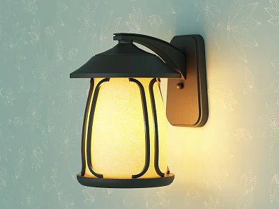 Black Metal Frame Wall Light With Frosted Glass Shade Mounted On Light Blue Patterned Wall 3d model