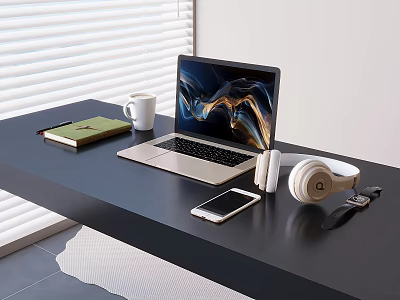 Modern Black Desk Setup with Laptop Green Notebook Coffee Mug and Headphones Near Window Blinds 3d model