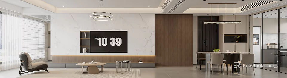 Modern Living And Dining Room Interior Design With Circular Chandelier Marble Wall Wooden Cabinets TV 3d model 