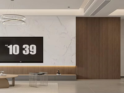 Modern Living And Dining Room Interior Design With Circular Chandelier Marble Wall Wooden Cabinets TV 3d model