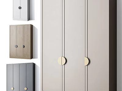 Modern Wardrobe Design With Light Gray Wooden Dark Gray Panels And Round Gold Metal Handles 3d model