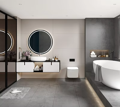 Modern Bathroom Interior With Round Mirror Double Vanity Sink White Bathtub And Gray Walls 3d model