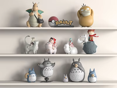 Anime Character Sculptures Displayed on White Shelves With Totoro and Pokémon Figures 3d model