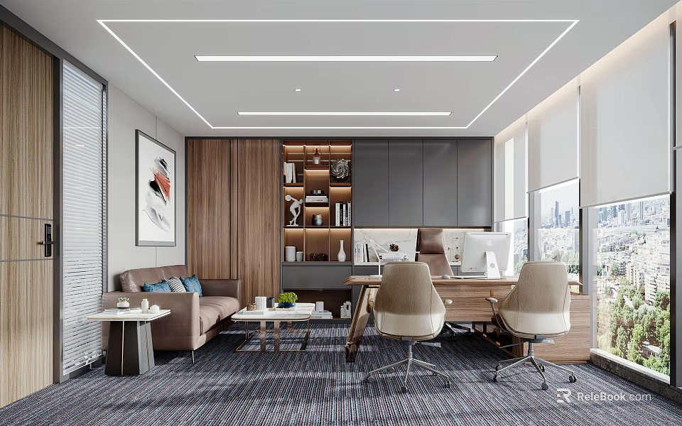 Modern Office Interior Design With Open Layout Sofa Desk And Floor To Ceiling Windows 3d model