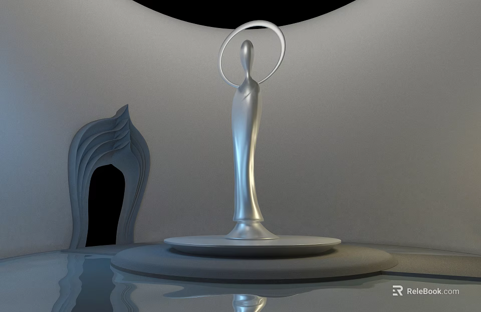 Silver Human Sculpture With Circular Halo Top On Round Base Surrounded By Curved Wall Art 3d model 